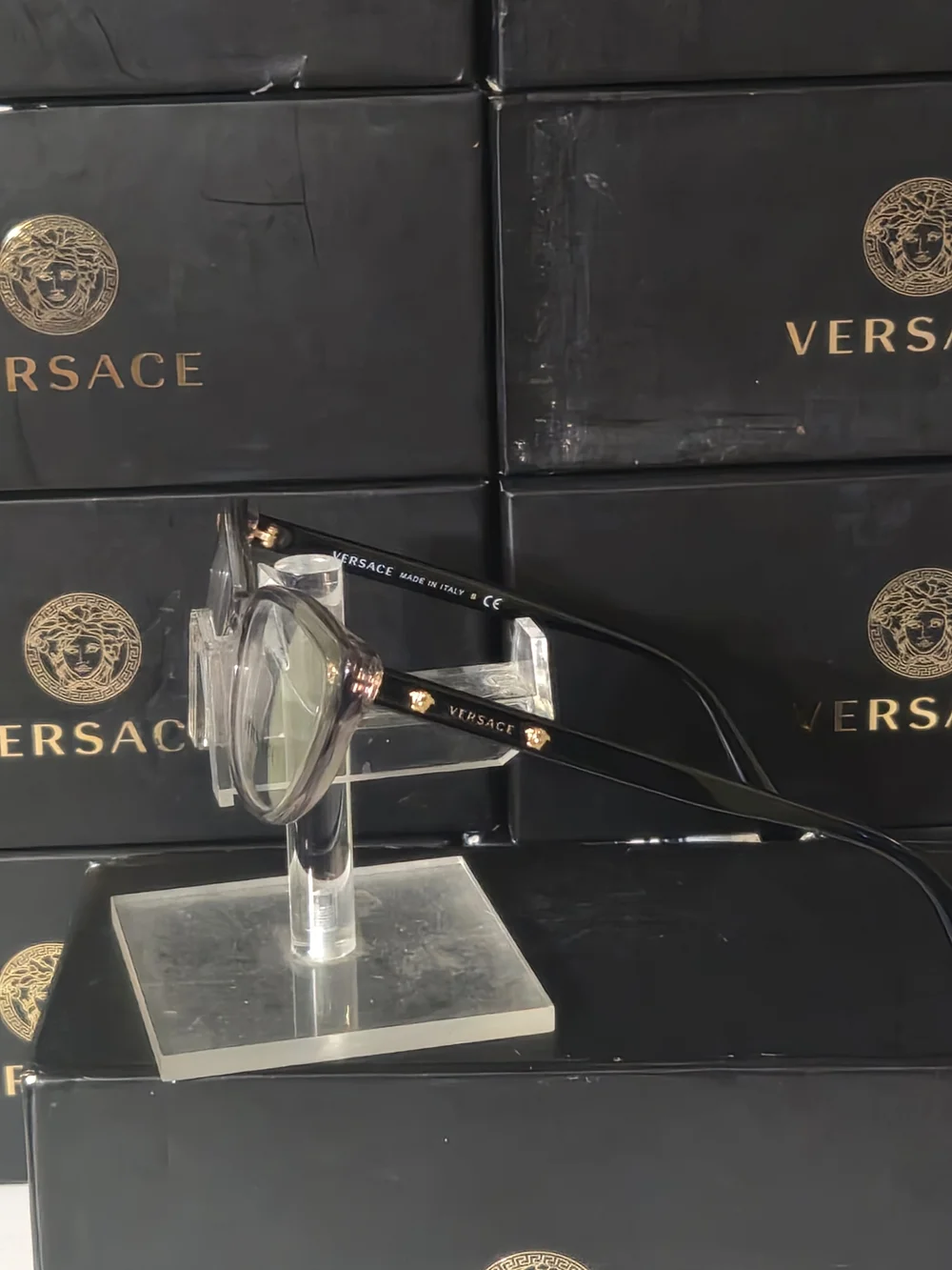 Versace Men's Transparent Gray Frame Glasses with Black Temples